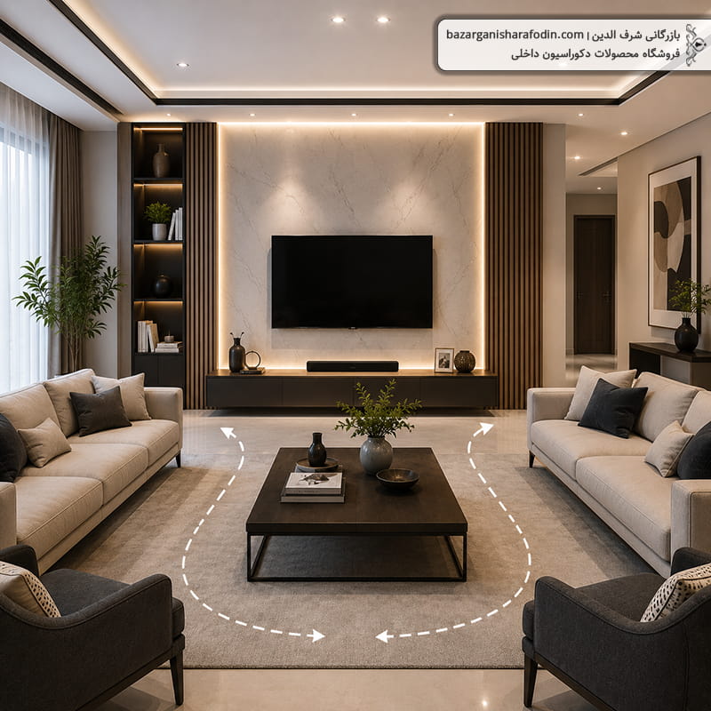 عکس یک پذیرایی مدرن با مبلمان متعادل، نقطه کانونی روی دیوار پشت تلویزیون و مسیر حرکت آزاد
