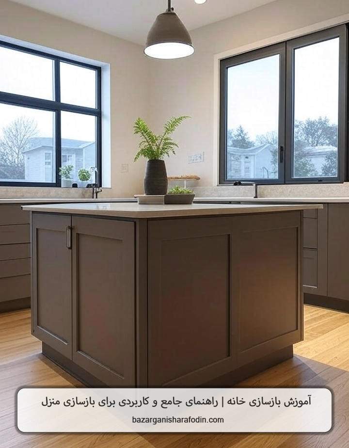 آشپزخونه مدرن با جزیره وسط، کابینت‌های خاکستری مات بدون دستگیره، و نورپردازی LED زیرکابینتی. یه گلدون کوچیک رو جزیره حس صمیمی به فضا می‌دهد