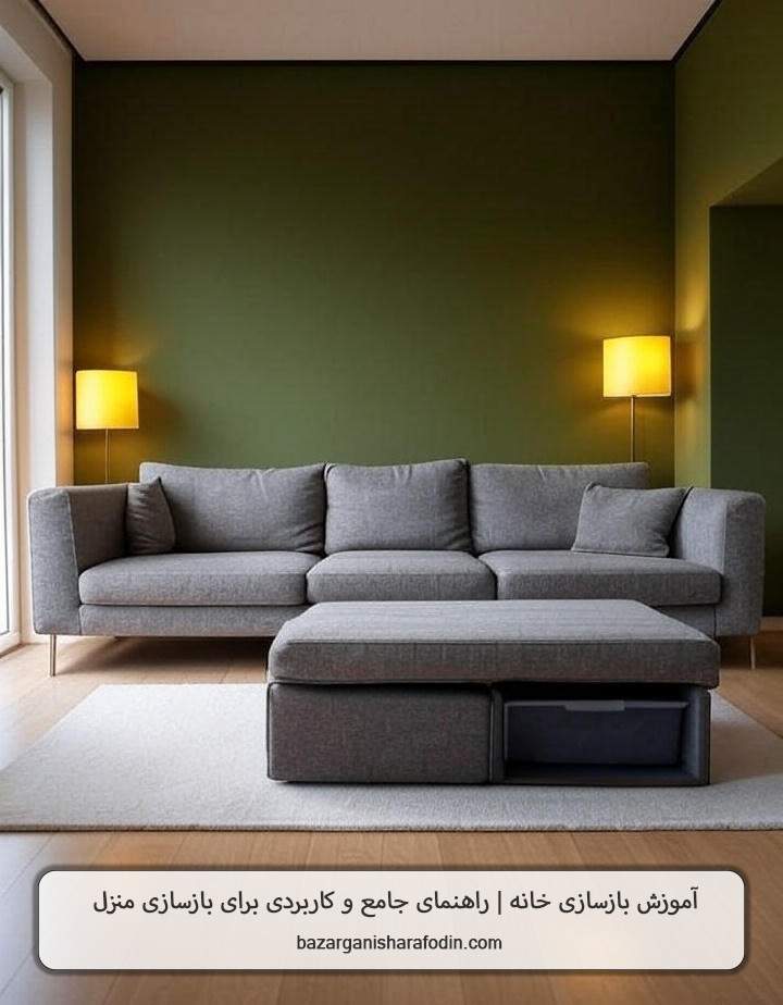 یک اتاق نشیمن مینیمال با دیوار شاخص و مبلمان چندکاره