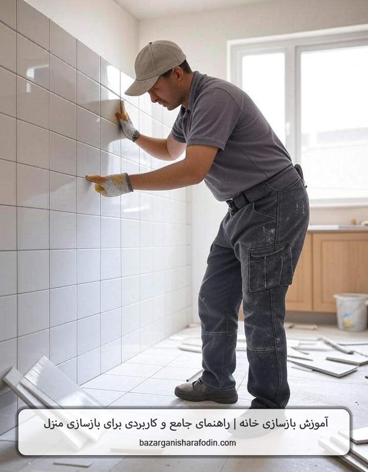 کارگر با لباس کار در حال نصب کاشی‌های سفید براق تو یه آشپزخونه نیمه‌تمام. اطرافش مصالح و ابزار پخش و پلا هستن، ولی فضا نشون‌دهنده پیشرفت کاره